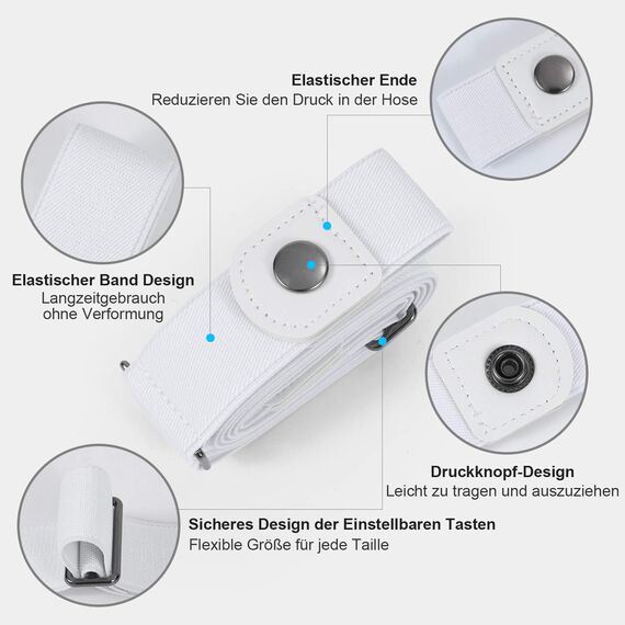 JasGood Schnallenfreier Damen Stretch Elastischer Gürtel für Damen Herren, Plus Size Keine Schnalle Unsichtbarer Gürtel für Jeans Hosen, Weiß, 44cm(Für Hosengröße 60cm-85cm)