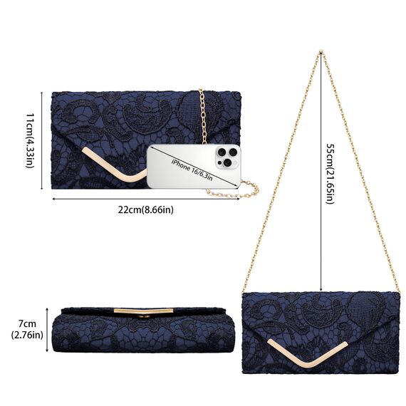 Larcenciel Clutch Dunkelblau, Elegant Spitze Satin Handtasche mit Abnehmbarer Kette, Vintage Envelope Abendtasche mit Blumenmuster, Mode Umschlag Crossbody Tasche für Hochzeit Party Bankett, 22x11x5CM