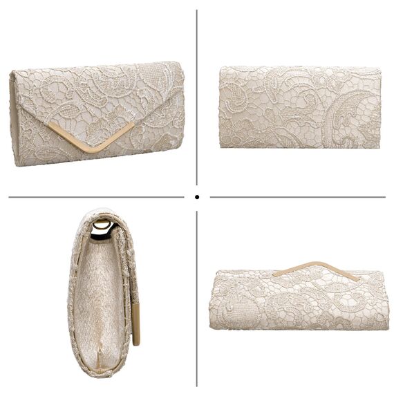 Larcenciel Clutch Apricot, Elegant Spitze Satin Handtasche mit Abnehmbarer Kette, Vintage Nude Envelope Abendtasche mit Blumenmuster, Mode Umschlag Crossbody Tasche für Hochzeit Prom Party, 22x11x5CM