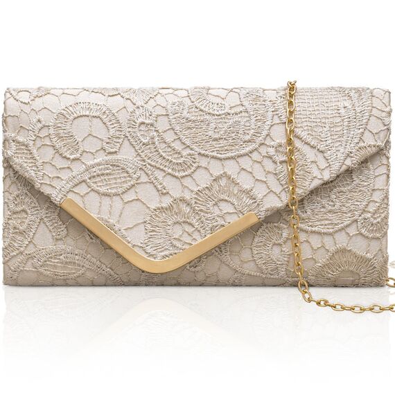 Larcenciel Clutch Apricot, Elegant Spitze Satin Handtasche mit Abnehmbarer Kette, Vintage Nude Envelope Abendtasche mit Blumenmuster, Mode Umschlag Crossbody Tasche für Hochzeit Prom Party, 22x11x5CM