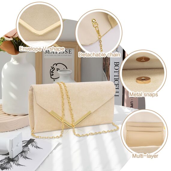 Larcenciel Clutch Apricot, Elegant Wildleder Handtasche mit Abnehmbarer Kette, Klassisch Samt Envelope Abendtasche, Mode Suede Velvet Umschlag Crossbody Umhängetasche für Hochzeit, Party, 22x11x5CM