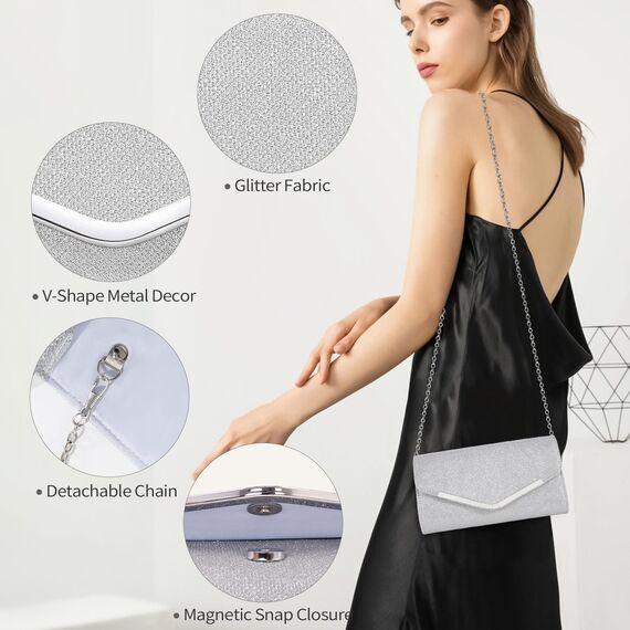 Larcenciel Clutch Silber, Glitzer Tasche Handtasche mit Abnehmbarer Kette, Elegant Abendhandtasche für Damen, Pailletten Taschen Crossbody Envelope Umhängetasche für Hochzeit Party Bankett Feiertage