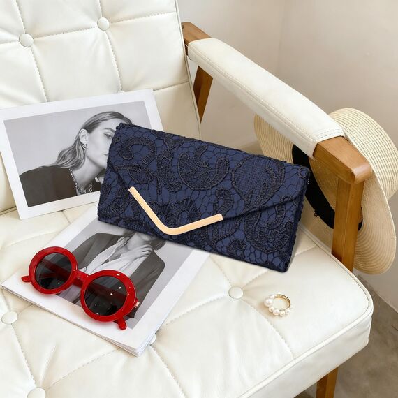 Larcenciel Clutch Dunkelblau, Elegant Spitze Satin Handtasche mit Abnehmbarer Kette, Vintage Envelope Abendtasche mit Blumenmuster, Mode Umschlag Crossbody Tasche für Hochzeit Party Bankett, 22x11x5CM