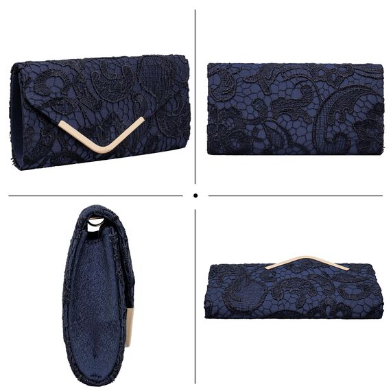 Larcenciel Clutch Dunkelblau, Elegant Spitze Satin Handtasche mit Abnehmbarer Kette, Vintage Envelope Abendtasche mit Blumenmuster, Mode Umschlag Crossbody Tasche für Hochzeit Party Bankett, 22x11x5CM