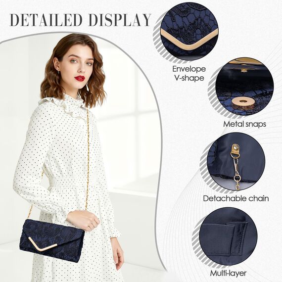 Larcenciel Clutch Dunkelblau, Elegant Spitze Satin Handtasche mit Abnehmbarer Kette, Vintage Envelope Abendtasche mit Blumenmuster, Mode Umschlag Crossbody Tasche für Hochzeit Party Bankett, 22x11x5CM