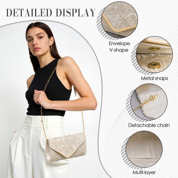 Larcenciel Clutch Apricot, Elegant Spitze Satin Handtasche mit Abnehmbarer Kette, Vintage Nude Envelope Abendtasche mit Blumenmuster, Mode Umschlag Crossbody Tasche für Hochzeit Prom Party, 22x11x5CM