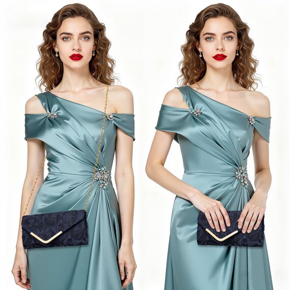 Larcenciel Clutch Dunkelblau, Elegant Spitze Satin Handtasche mit Abnehmbarer Kette, Vintage Envelope Abendtasche mit Blumenmuster, Mode Umschlag Crossbody Tasche für Hochzeit Party Bankett, 22x11x5CM