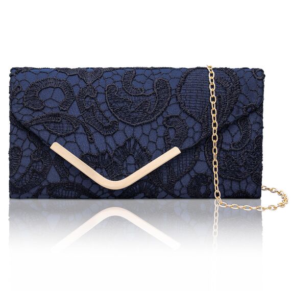 Larcenciel Clutch Dunkelblau, Elegant Spitze Satin Handtasche mit Abnehmbarer Kette, Vintage Envelope Abendtasche mit Blumenmuster, Mode Umschlag Crossbody Tasche für Hochzeit Party Bankett, 22x11x5CM