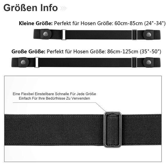 JasGood Schnallenfreier Damen Stretch Elastischer Gürtel für Damen Herren, Plus Size Keine Schnalle Unsichtbarer Gürtel für Jeans Hosen, Schwarz, 44cm(Für Hosengröße 60cm-85cm)
