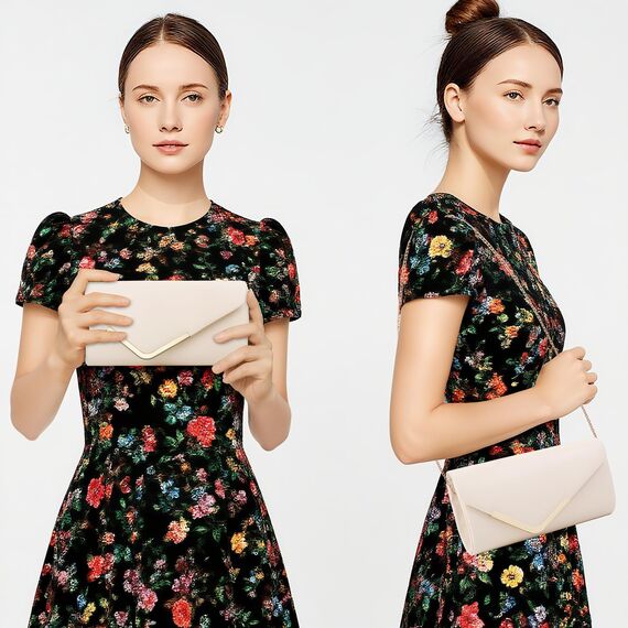 Larcenciel Clutch Apricot, Elegant Leder Handtasche Nude mit Abnehmbarer Kette, Vintage Veganes Envelope Abendtasche, Mode Umschlag Umhängetasche, Crossbody Tasche für Hochzeit, Bankett, 22x11x5CM
