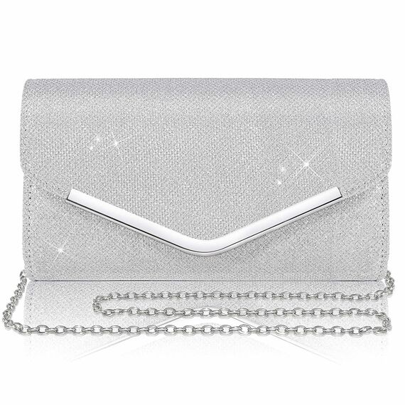 Larcenciel Clutch Silber, Glitzer Tasche Handtasche mit Abnehmbarer Kette, Elegant Abendhandtasche für Damen, Pailletten Taschen Crossbody Envelope Umhängetasche für Hochzeit Party Bankett Feiertage