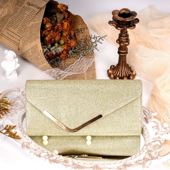 Larcenciel Damen Clutch, Glänzende Pailletten Abendtaschen mit Abnehmbarer Kette, Envelope Handtasche für Damen, Elegante Cross Body Umhängetasche für Hochzeit, Party, Bankett, Feiertage (Gold)