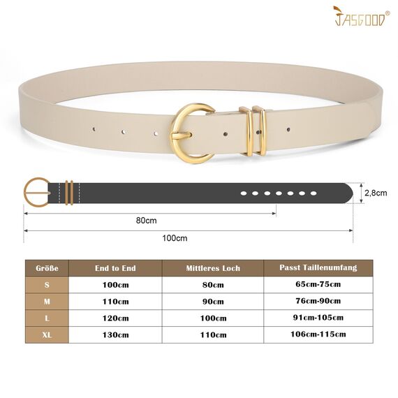 JasGood Damen Ledergürtel für Jeans Hosen Kleider Mode Goldschnalle Damen Leder Gürtel, Beige, 100cm