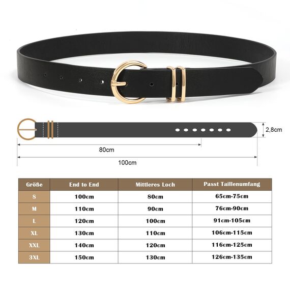 JasGood Damen Ledergürtel für Jeans Hosen Kleider Mode Goldschnalle Damen Leder Gürtel, Schwarz, 140cm