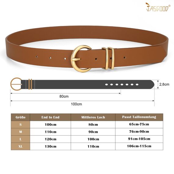 JasGood Damen Ledergürtel für Jeans Hosen Kleider Mode Goldschnalle Damen Leder Gürtel, Braun, 120cm