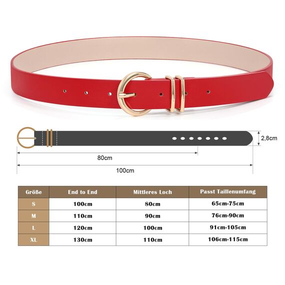 JasGood Damen Ledergürtel für Jeans Hosen Kleider Mode Goldschnalle Damen Leder Gürtel,Rot,110cm
