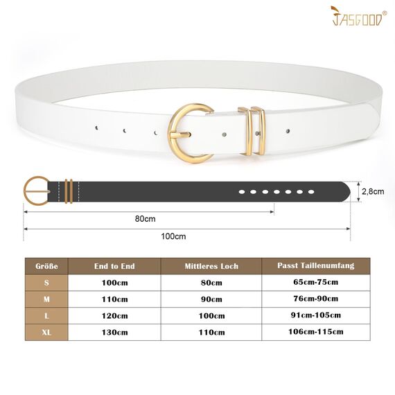 JasGood Damen Ledergürtel für Jeans Hosen Kleider Mode Goldschnalle Damen Leder Gürtel, Weiß, 110cm