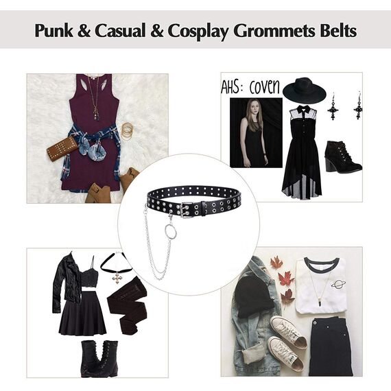 JasGood Punk Gürtel mit Kette Nietengürtel Damen und Herren Doppelloch Gürtel mit Punk Style CosplayGürtel Hip Hop RockGürtel für Oder Gothic-Outfits
