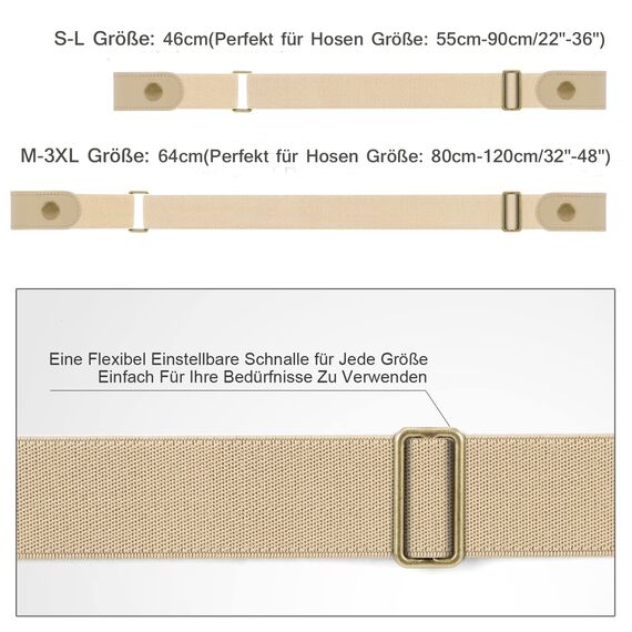 JasGood 2 Pack Schnallenfrei Elastischer Gürtel für Damen oder Herren, Ohne Schnalle Keine Ausbuchtung Unsichtbare Gürtel, Schwarz/Beige, 46cm(Für Hosengrößen 55cm-90cm)