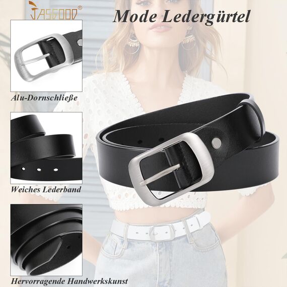 JasGood Damen Ledergürtel für Jeans Hosen Mode Kleid Gürtel für Damen mit Dornschließe, Schwarz, 100cm(Für Taillengröße 65-75cm)