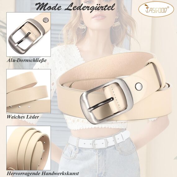 JasGood Damen Ledergürtel für Jeans Hosen Mode Kleid Gürtel für Damen mit Dornschließe,Beige,XL:130cm((Für Taillengröße 106-115cm)