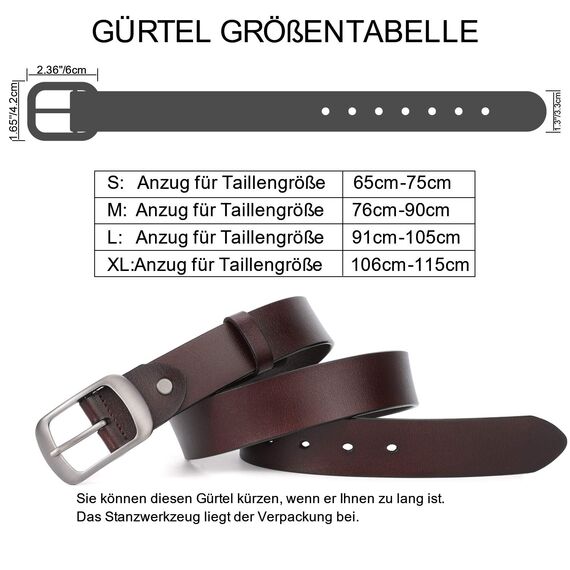 JasGood Damen Ledergürtel für Jeans Hosen Mode Kleid Gürtel für Damen mit Dornschließe, Kaffee, 140cm(Für Taillengröße 116-125cm)