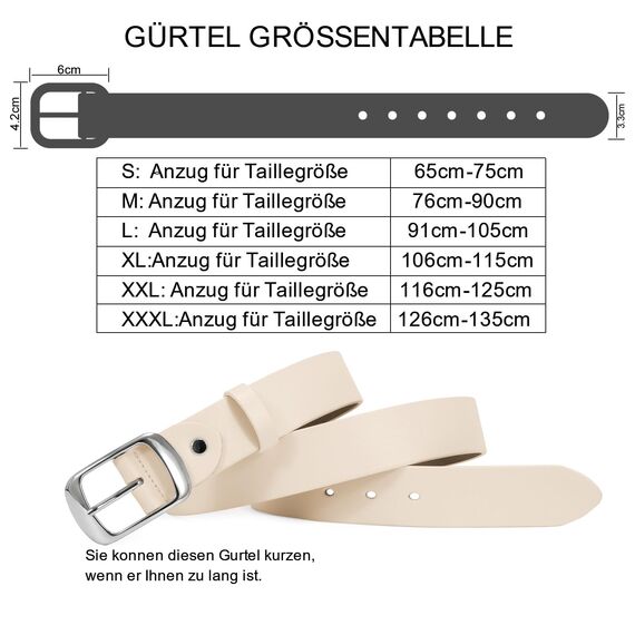 JasGood Damen Ledergürtel für Jeans Hosen Mode Kleid Gürtel für Damen mit Dornschließe, Beige, 120cm(Für Taillengröße 91-105cm)