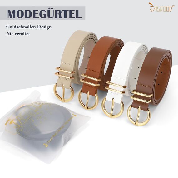 JasGood Damen Ledergürtel für Jeans Hosen Kleider Mode Goldschnalle Damen Leder Gürtel, Braun, 130cm