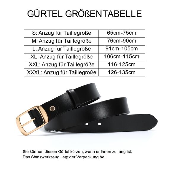 JasGood Damen Ledergürtel für Jeans Hosen Mode Kleid Gürtel für Damen mit Dornschließe, Schwarz, 120cm(Für Taillengröße 91-105cm)