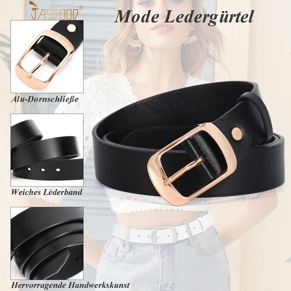 JasGood Damen Ledergürtel für Jeans Hosen Mode Kleid Gürtel für Damen mit Dornschließe, Schwarz, 150cm(Für Taillengröße 126-135cm)