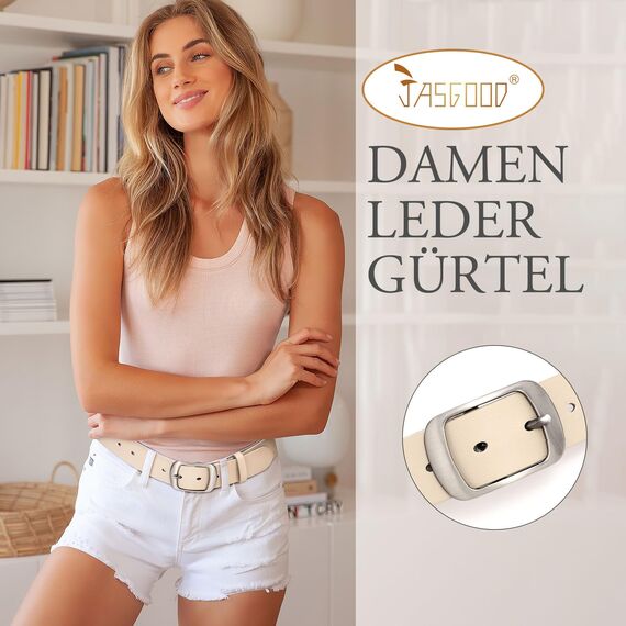 JasGood Damen Ledergürtel für Jeans Hosen Mode Kleid Gürtel für Damen mit Dornschließe, Beige, 120cm(Für Taillengröße 91-105cm)