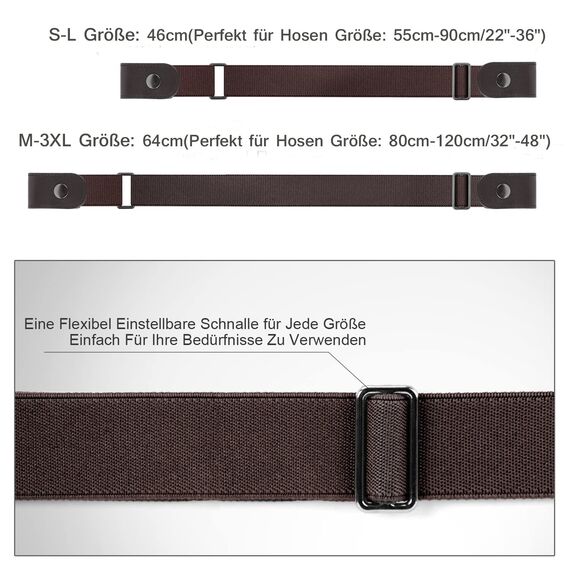 JasGood 2 Pack Schnallenfrei Elastischer Gürtel für Damen oder Herren, Ohne Schnalle Keine Ausbuchtung Unsichtbare Gürtel, Schwarz/Kaffee, 46cm(Für Hosengrößen 55cm-90cm)