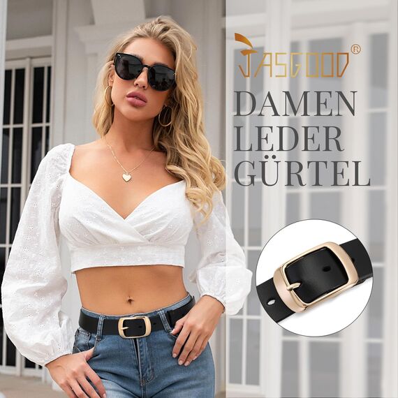 JasGood Damen Ledergürtel für Jeans Hosen Mode Kleid Gürtel für Damen mit Dornschließe, Schwarz, 100cm(Für Taillengröße 65-75cm)