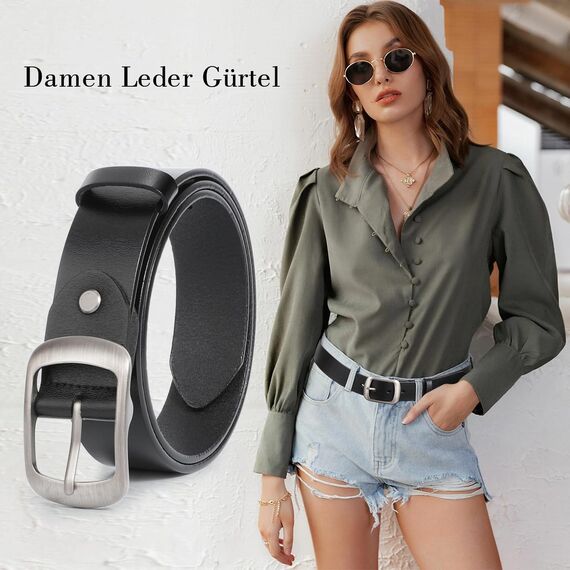 JasGood Damen Ledergürtel für Jeans Hosen Mode Kleid Gürtel für Damen mit Dornschließe, Schwarz, 130cm(Für Taillengröße 106-115cm)