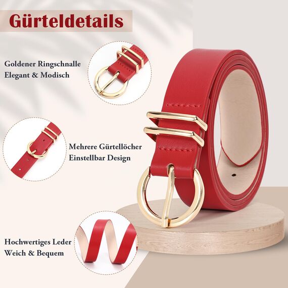 JasGood Damen Ledergürtel für Jeans Hosen Kleider Mode Goldschnalle Damen Leder Gürtel,Rot,100cm