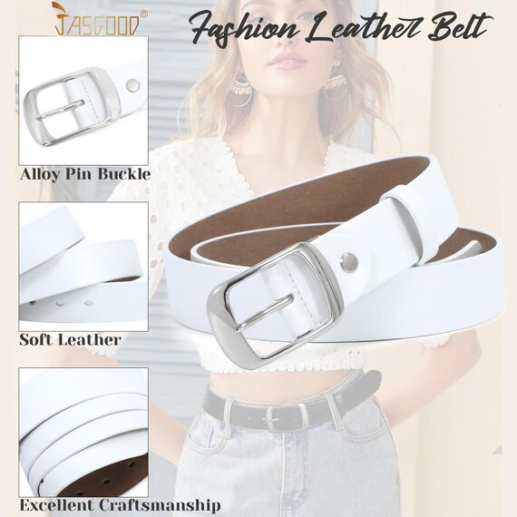 JasGood Damen Ledergürtel für Jeans Hosen Mode Kleid Gürtel für Damen mit Dornschließe,White,140cm(Für Taillengröße 116cm-125cm)
