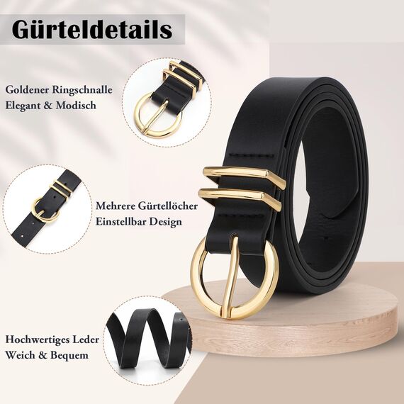 JasGood Damen Ledergürtel für Jeans Hosen Kleider Mode Goldschnalle Damen Leder Gürtel, Schwarz, 100cm