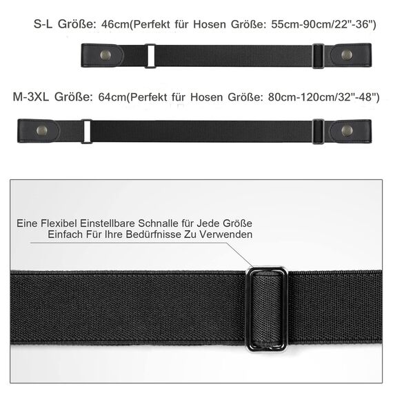 JasGood 2 Pack Schnallenfrei Elastischer Gürtel für Damen oder Herren, Ohne Schnalle Keine Ausbuchtung Unsichtbare Gürtel, Schwarz/Blau, 46cm(Für Hosengrößen 55cm-90cm)