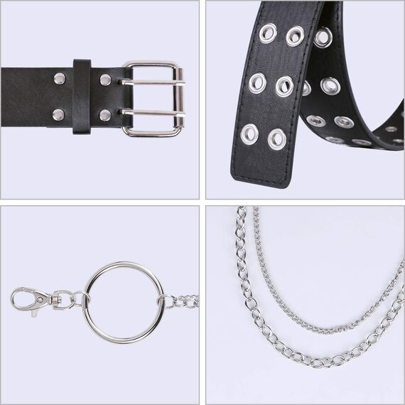 JasGood Punk Gürtel mit Kette Nietengürtel Damen und Herren Doppelloch Gürtel mit Punk Style CosplayGürtel Hip Hop RockGürtel für Oder Gothic-Outfits