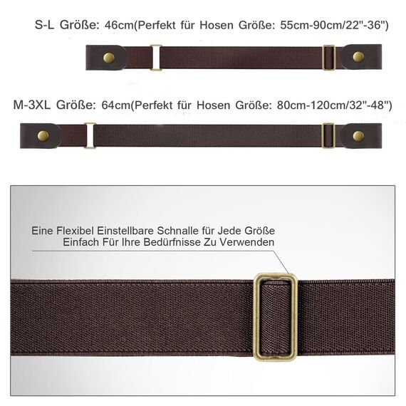 JasGood 2 Pack Schnallenfrei Elastischer Gürtel für Damen oder Herren, Ohne Schnalle Keine Ausbuchtung Unsichtbare Gürtel, Schwarz/Kaffee, 46cm(Für Hosengrößen 55cm-90cm)