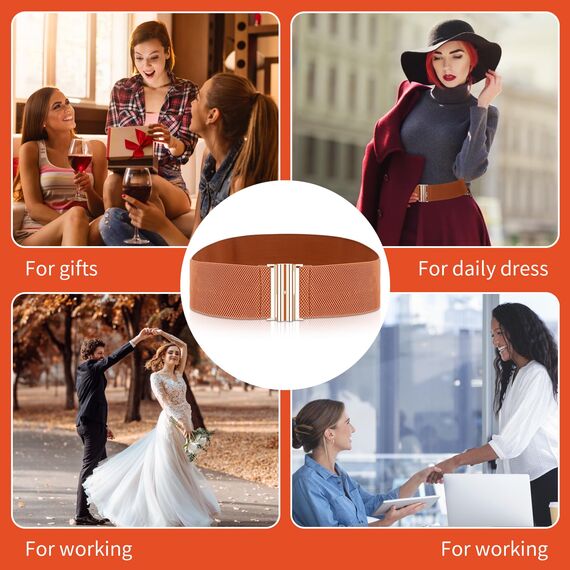 Andibro Breiter elastischer Gürtel für Damen,Stretch Taillengürtel Damenkleid Schnallengürtel Vintage Cinch Gürtel verstellbarer Bund(Braun)