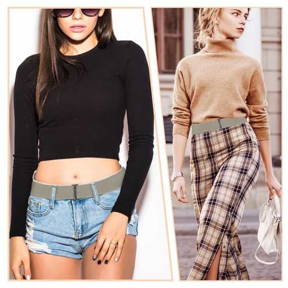 Cobee Unsichtbarer Damengürtel, verstellbarer elastischer Gürtel mit flacher Schnalle, kein sichtbarer Taillengürtel für Jeans, Hosen, Kleider (Khaki)