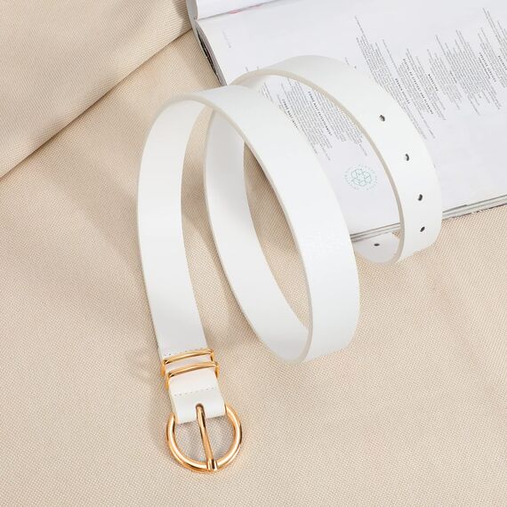 JasGood Damen Ledergürtel für Jeans Hosen Kleider Mode Goldschnalle Damen Leder Gürtel, Weiß, 130cm