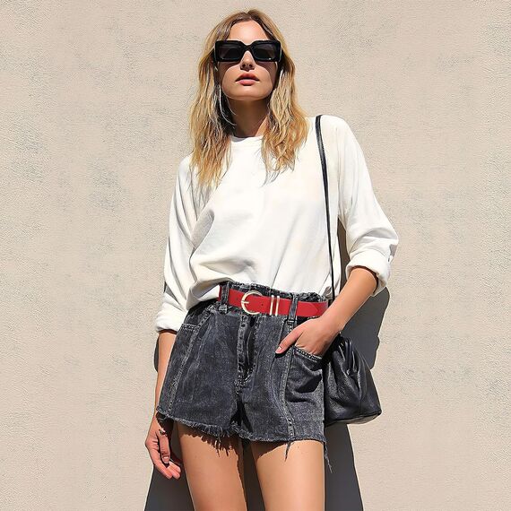 JasGood Damen Ledergürtel für Jeans Hosen Kleider Mode Goldschnalle Damen Leder Gürtel,Rot,120cm