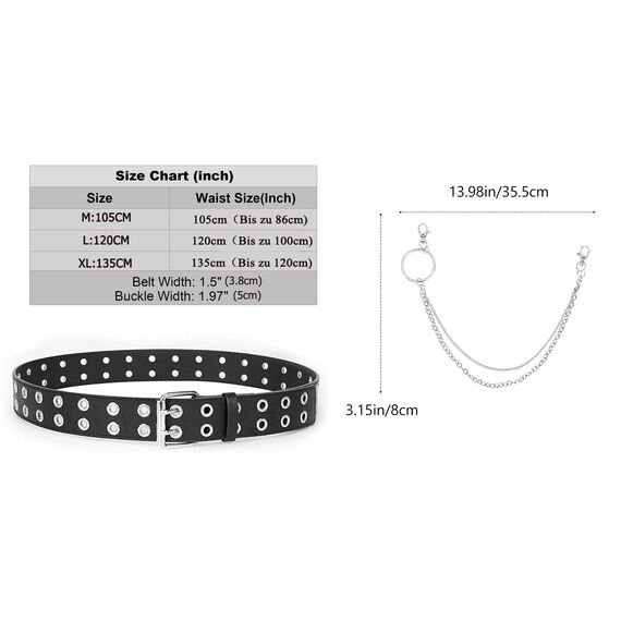 JASGOOD Punk Gürtel mit Kette Nietengürtel Damen und Herren Doppelloch Gürtel mit Punk Style CosplayGürtel Hip Hop RockGürtel für Oder Gothic-Outfits