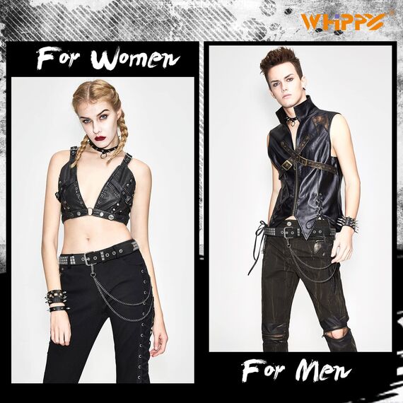 WHIPPY Nietengürtel Leder Metall Punk Rock Nietengürtel für Damen/Herren Punk-Ledergürtel mit abnehmbarer kette Gotischer Gürtel Zubehör für Jeanshosen,S