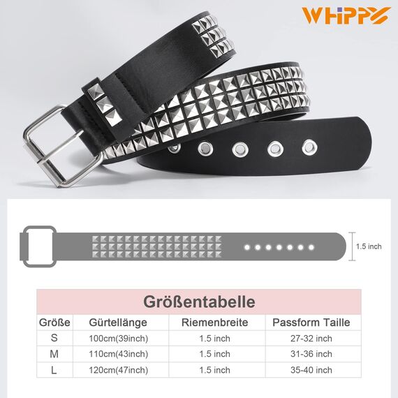 WHIPPY Nietengürtel Leder Metall Punk Rock Nietengürtel für Damen/Herren Punk-Ledergürtel mit abnehmbarer kette Gotischer Gürtel Zubehör für Jeanshosen,S
