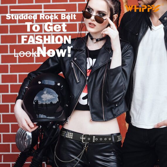 WHIPPY Nietengürtel Leder Metall Punk Rock Nietengürtel für Damen/Herren Punk-Ledergürtel mit abnehmbarer kette Gotischer Gürtel Zubehör für Jeanshosen,110cm