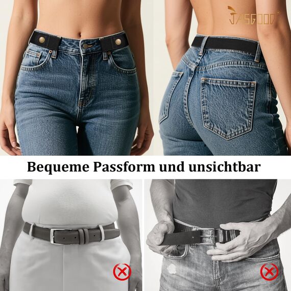 JasGood 2 Stück Gürtel Ohne Schnalle,Elastischer Unsichtbarer Gürtel, Dehnbarer Stretchgürtel für Damen und Herren,Justierbar Schnallenfreier Gurtel Für Jeans Hosen
