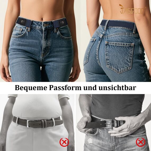 JasGood 2 Stück Gürtel Ohne Schnalle,Elastischer Unsichtbarer Gürtel, Dehnbarer Stretchgürtel für Damen und Herren,Justierbar Schnallenfreier Gurtel Für Jeans Hosen